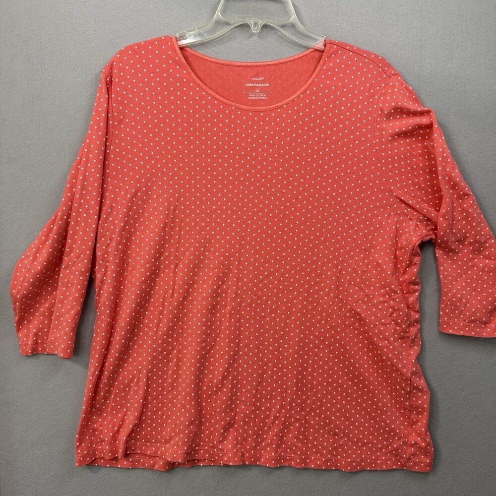 CJ Banks Plus Size 1X Coral Polka Dot Layer Your Look 3/4 Sleeve Cotton Top